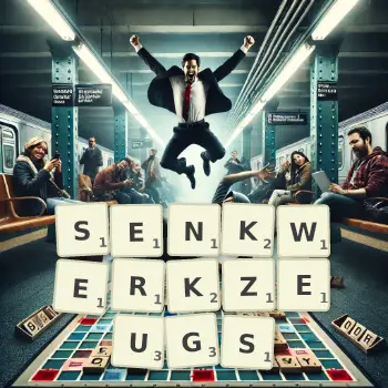 Kreative Illustration für ein Scrabble-Spiel, bei dem das Wort SENKWERKZEUGS mit Steinen auf dem Brett gelegt wurde.
