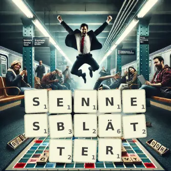Kreative Illustration für ein Scrabble-Spiel, bei dem das Wort SENNESBLÄTTER mit Steinen auf dem Brett gelegt wurde.