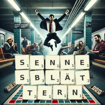 Kreative Illustration für ein Scrabble-Spiel, bei dem das Wort SENNESBLÄTTERN mit Steinen auf dem Brett gelegt wurde.