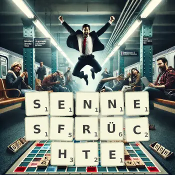 Kreative Illustration für ein Scrabble-Spiel, bei dem das Wort SENNESFRÜCHTE mit Steinen auf dem Brett gelegt wurde.