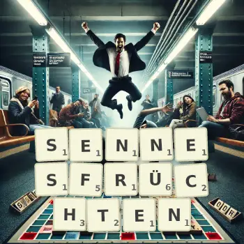 Kreative Illustration für ein Scrabble-Spiel, bei dem das Wort SENNESFRÜCHTEN mit Steinen auf dem Brett gelegt wurde.