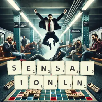 Kreative Illustration für ein Scrabble-Spiel, bei dem das Wort SENSATIONEN mit Steinen auf dem Brett gelegt wurde.