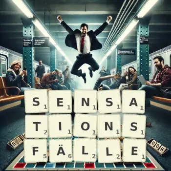 Kreative Illustration für ein Scrabble-Spiel, bei dem das Wort SENSATIONSFÄLLE mit Steinen auf dem Brett gelegt wurde.