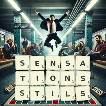 Kreative Illustration für ein Scrabble-Spiel, bei dem das Wort SENSATIONSSTILS mit Steinen auf dem Brett gelegt wurde.