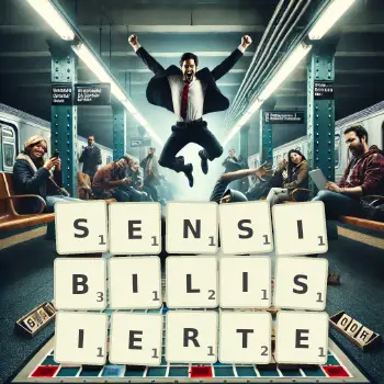 Kreative Illustration für ein Scrabble-Spiel, bei dem das Wort SENSIBILISIERTE mit Steinen auf dem Brett gelegt wurde.