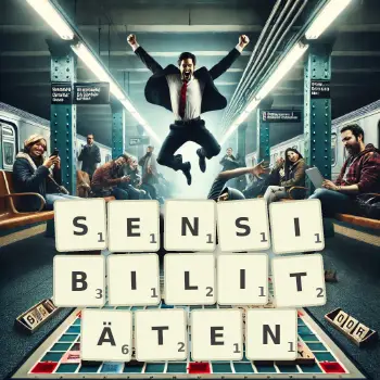 Kreative Illustration für ein Scrabble-Spiel, bei dem das Wort SENSIBILITÄTEN mit Steinen auf dem Brett gelegt wurde.