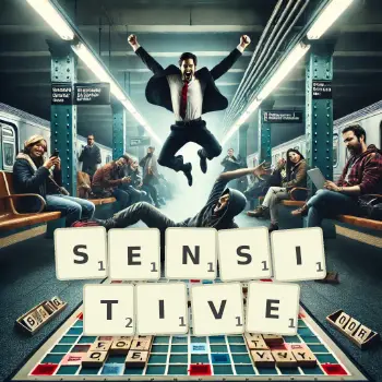 Kreative Illustration für ein Scrabble-Spiel, bei dem das Wort SENSITIVE mit Steinen auf dem Brett gelegt wurde.