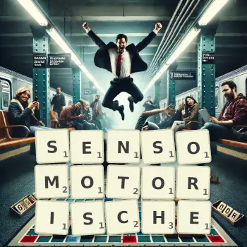 Kreative Illustration für ein Scrabble-Spiel, bei dem das Wort SENSOMOTORISCHE mit Steinen auf dem Brett gelegt wurde.