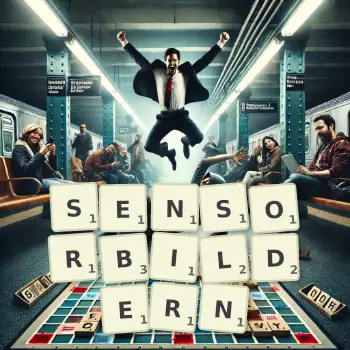 Kreative Illustration für ein Scrabble-Spiel, bei dem das Wort SENSORBILDERN mit Steinen auf dem Brett gelegt wurde.