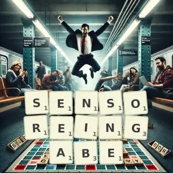 Kreative Illustration für ein Scrabble-Spiel, bei dem das Wort SENSOREINGABE mit Steinen auf dem Brett gelegt wurde.