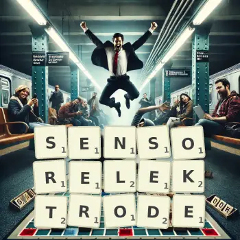 Kreative Illustration für ein Scrabble-Spiel, bei dem das Wort SENSORELEKTRODE mit Steinen auf dem Brett gelegt wurde.