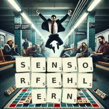 Kreative Illustration für ein Scrabble-Spiel, bei dem das Wort SENSORFEHLERN mit Steinen auf dem Brett gelegt wurde.