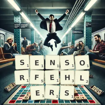 Kreative Illustration für ein Scrabble-Spiel, bei dem das Wort SENSORFEHLERS mit Steinen auf dem Brett gelegt wurde.