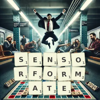 Kreative Illustration für ein Scrabble-Spiel, bei dem das Wort SENSORFORMATE mit Steinen auf dem Brett gelegt wurde.