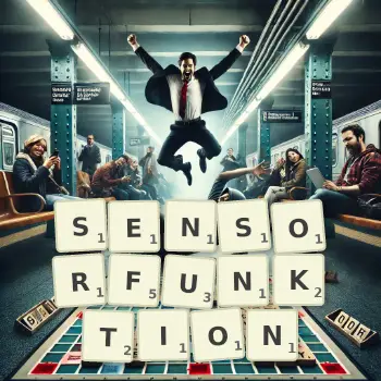 Kreative Illustration für ein Scrabble-Spiel, bei dem das Wort SENSORFUNKTION mit Steinen auf dem Brett gelegt wurde.