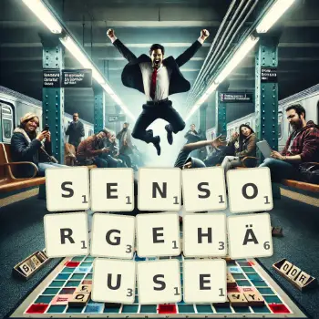 Kreative Illustration für ein Scrabble-Spiel, bei dem das Wort SENSORGEHÄUSE mit Steinen auf dem Brett gelegt wurde.