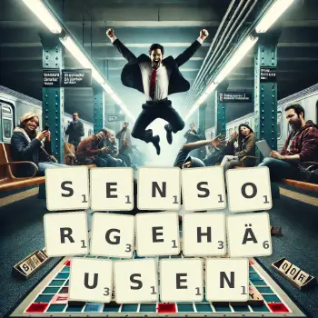 Kreative Illustration für ein Scrabble-Spiel, bei dem das Wort SENSORGEHÄUSEN mit Steinen auf dem Brett gelegt wurde.