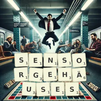 Kreative Illustration für ein Scrabble-Spiel, bei dem das Wort SENSORGEHÄUSES mit Steinen auf dem Brett gelegt wurde.