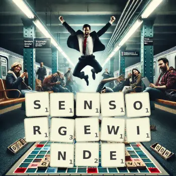 Kreative Illustration für ein Scrabble-Spiel, bei dem das Wort SENSORGEWINDE mit Steinen auf dem Brett gelegt wurde.