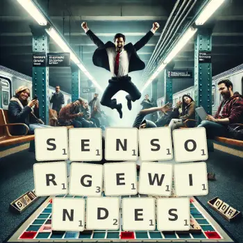 Kreative Illustration für ein Scrabble-Spiel, bei dem das Wort SENSORGEWINDES mit Steinen auf dem Brett gelegt wurde.