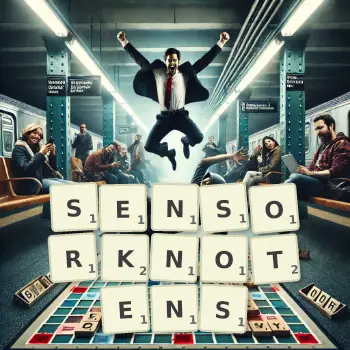 Kreative Illustration für ein Scrabble-Spiel, bei dem das Wort SENSORKNOTENS mit Steinen auf dem Brett gelegt wurde.