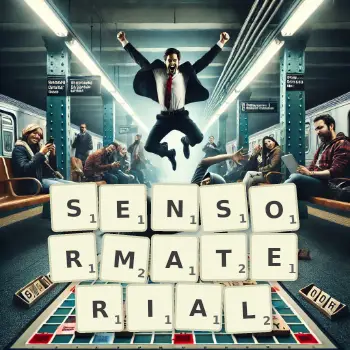 Kreative Illustration für ein Scrabble-Spiel, bei dem das Wort SENSORMATERIAL mit Steinen auf dem Brett gelegt wurde.
