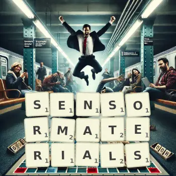 Kreative Illustration für ein Scrabble-Spiel, bei dem das Wort SENSORMATERIALS mit Steinen auf dem Brett gelegt wurde.