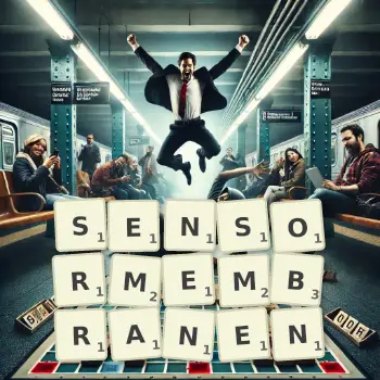 Kreative Illustration für ein Scrabble-Spiel, bei dem das Wort SENSORMEMBRANEN mit Steinen auf dem Brett gelegt wurde.