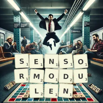 Kreative Illustration für ein Scrabble-Spiel, bei dem das Wort SENSORMODULEN mit Steinen auf dem Brett gelegt wurde.