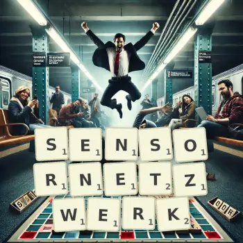 Kreative Illustration für ein Scrabble-Spiel, bei dem das Wort SENSORNETZWERK mit Steinen auf dem Brett gelegt wurde.