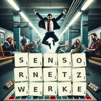 Kreative Illustration für ein Scrabble-Spiel, bei dem das Wort SENSORNETZWERKE mit Steinen auf dem Brett gelegt wurde.