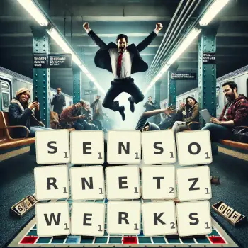 Kreative Illustration für ein Scrabble-Spiel, bei dem das Wort SENSORNETZWERKS mit Steinen auf dem Brett gelegt wurde.