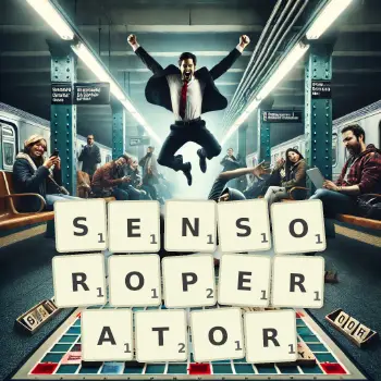 Kreative Illustration für ein Scrabble-Spiel, bei dem das Wort SENSOROPERATOR mit Steinen auf dem Brett gelegt wurde.