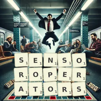 Kreative Illustration für ein Scrabble-Spiel, bei dem das Wort SENSOROPERATORS mit Steinen auf dem Brett gelegt wurde.