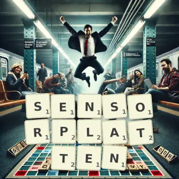 Kreative Illustration für ein Scrabble-Spiel, bei dem das Wort SENSORPLATTEN mit Steinen auf dem Brett gelegt wurde.