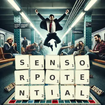 Kreative Illustration für ein Scrabble-Spiel, bei dem das Wort SENSORPOTENTIAL mit Steinen auf dem Brett gelegt wurde.