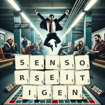 Kreative Illustration für ein Scrabble-Spiel, bei dem das Wort SENSORSEITIGEN mit Steinen auf dem Brett gelegt wurde.