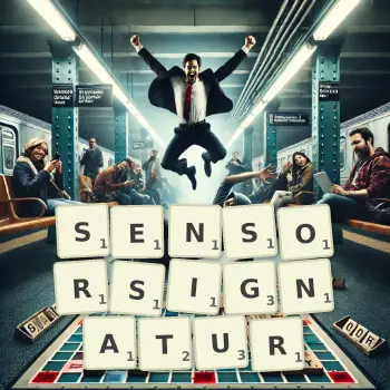 Kreative Illustration für ein Scrabble-Spiel, bei dem das Wort SENSORSIGNATUR mit Steinen auf dem Brett gelegt wurde.