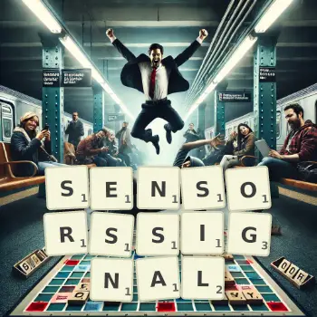 Kreative Illustration für ein Scrabble-Spiel, bei dem das Wort SENSORSSIGNAL mit Steinen auf dem Brett gelegt wurde.