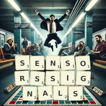 Kreative Illustration für ein Scrabble-Spiel, bei dem das Wort SENSORSSIGNALS mit Steinen auf dem Brett gelegt wurde.