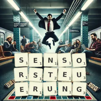 Kreative Illustration für ein Scrabble-Spiel, bei dem das Wort SENSORSTEUERUNG mit Steinen auf dem Brett gelegt wurde.