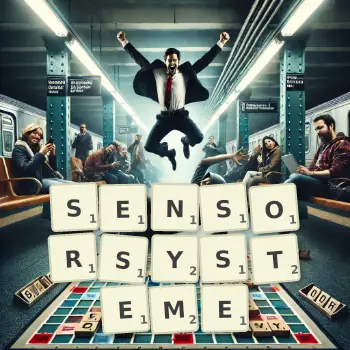 Kreative Illustration für ein Scrabble-Spiel, bei dem das Wort SENSORSYSTEME mit Steinen auf dem Brett gelegt wurde.