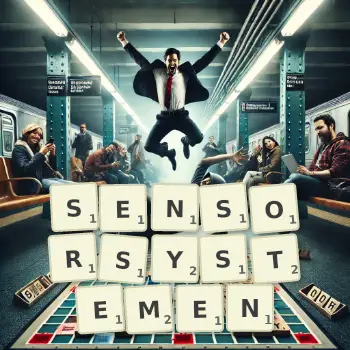 Kreative Illustration für ein Scrabble-Spiel, bei dem das Wort SENSORSYSTEMEN mit Steinen auf dem Brett gelegt wurde.