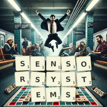 Kreative Illustration für ein Scrabble-Spiel, bei dem das Wort SENSORSYSTEMS mit Steinen auf dem Brett gelegt wurde.