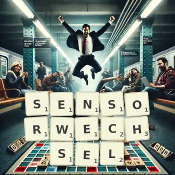 Kreative Illustration für ein Scrabble-Spiel, bei dem das Wort SENSORWECHSEL mit Steinen auf dem Brett gelegt wurde.