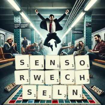 Kreative Illustration für ein Scrabble-Spiel, bei dem das Wort SENSORWECHSELN mit Steinen auf dem Brett gelegt wurde.