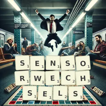 Kreative Illustration für ein Scrabble-Spiel, bei dem das Wort SENSORWECHSELS mit Steinen auf dem Brett gelegt wurde.