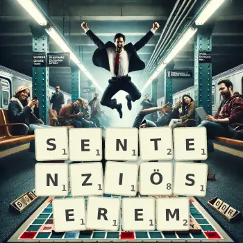 Kreative Illustration für ein Scrabble-Spiel, bei dem das Wort SENTENZIÖSEREM mit Steinen auf dem Brett gelegt wurde.