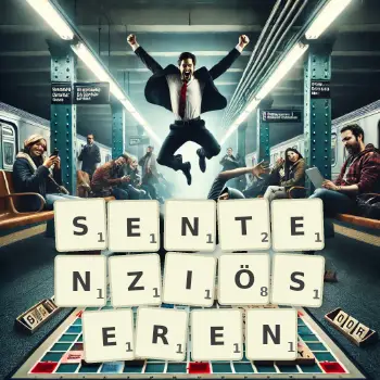 Kreative Illustration für ein Scrabble-Spiel, bei dem das Wort SENTENZIÖSEREN mit Steinen auf dem Brett gelegt wurde.