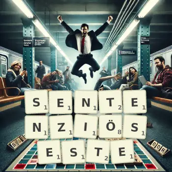 Kreative Illustration für ein Scrabble-Spiel, bei dem das Wort SENTENZIÖSESTE mit Steinen auf dem Brett gelegt wurde.